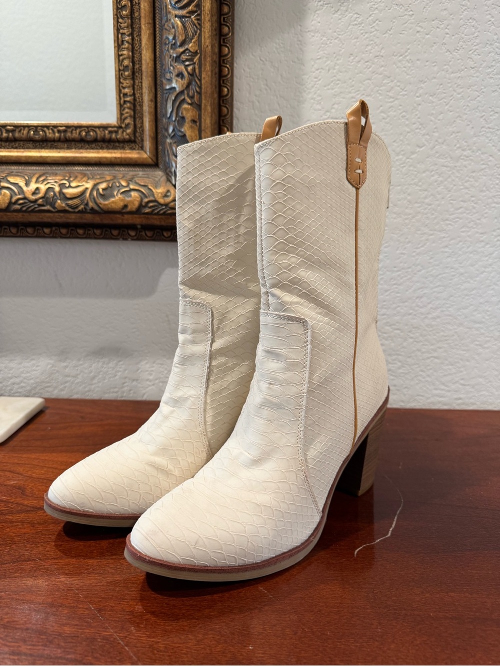Women's Cream Western-Inspired Mid-Calf Boots